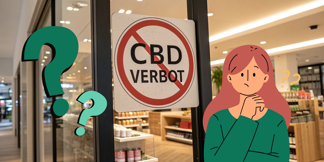 Zu sehen ist die Illustration einer sich wunderden Frau vor einem Schild mit der Aufschrift "CBD Verbot". Es sind auch große Fragzeichen zu sehen. Das ist eine Anspielung auf der CBD-Öl-Verbot, dass AMAZON für seine Plattform erhoben hat.